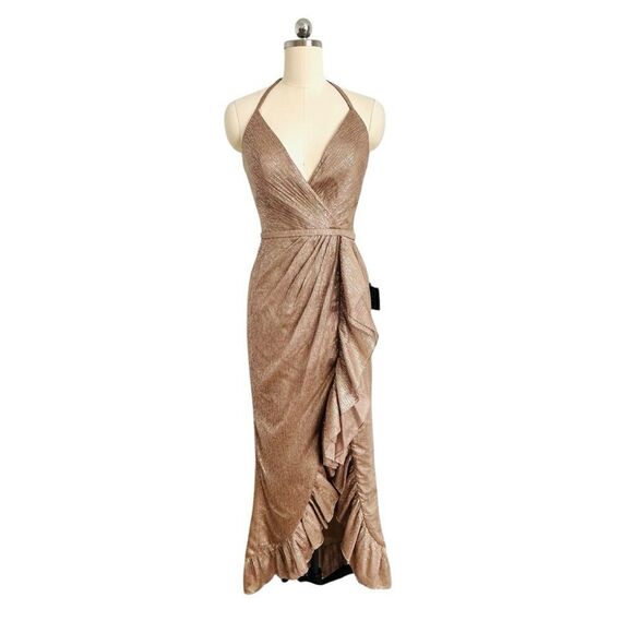 Mac Duggal RARE Gold Metallic Ruffle Maxi Cocktail Dress | Size 2 - Picture 1 of 9